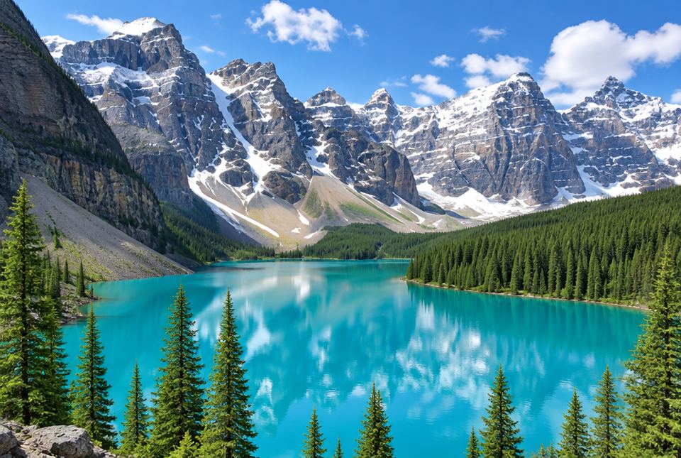 A bright turquoise lake surrounded by evergreen forest, below a row of tall, rocky mountains with snow on them.