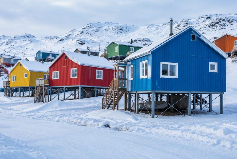 A row of colourful wooden houses in a snowy Arctic town, each standing on metal posts above the ground.