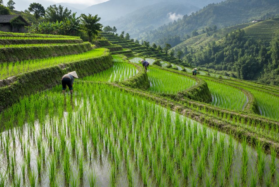 Bright green rice plants growing in flooded terraced fields on a hillside, with a few farmers working in the distance.