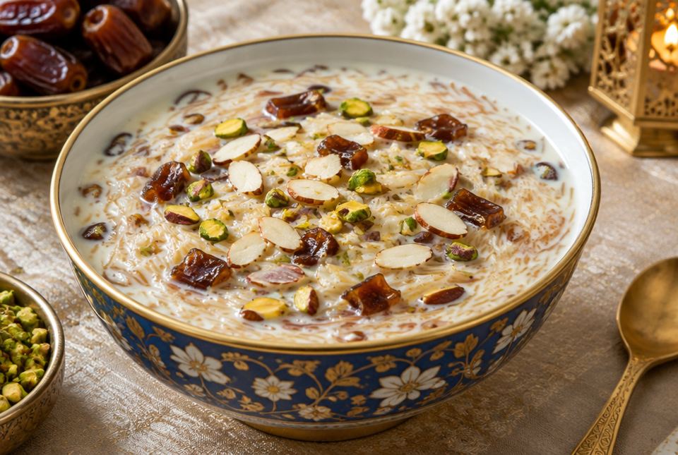 A bowl of sweet noodle pudding with milk, dates, sliced almonds and pistachios, with a lantern and more dates beside it.