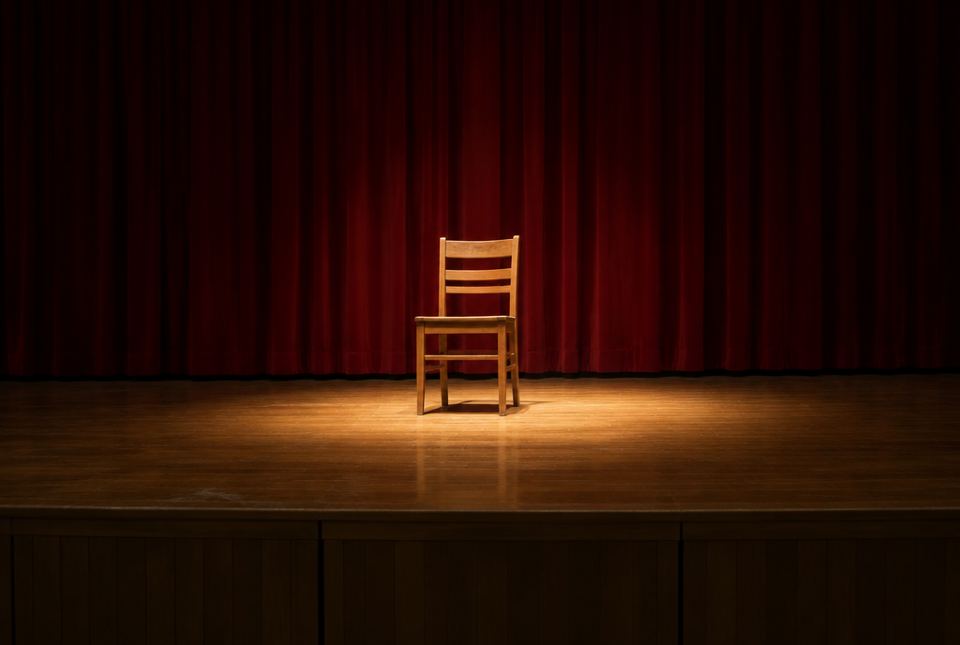 An empty wooden chair in a spotlight on a stage in front of a red curtain.