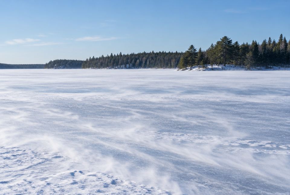 A wide frozen lake in winter with wind blowing snow across the ice and evergreen trees on the far shore.
