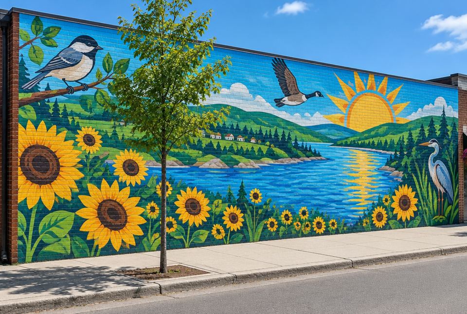 A large painted mural on a brick wall showing sunflowers, a lake, hills, a bright sun, a chickadee, a flying Canada goose and a heron.