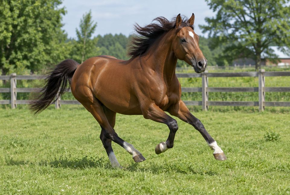 A brown horse galloping across a green fenced field.