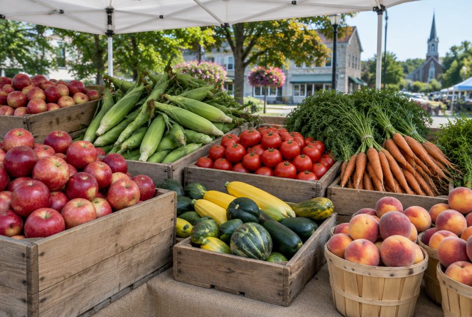 Wooden crates of apples, corn, tomatoes, carrots, squash and peaches at an outdoor farmers' market in a small town.