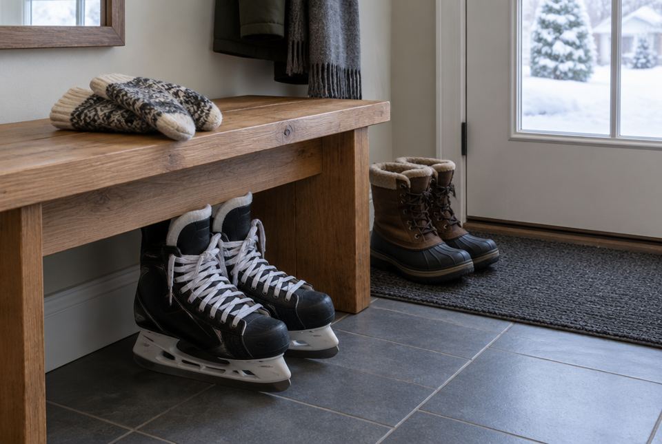 A pair of hockey skates under a wooden bench and a pair of winter boots beside the front door.