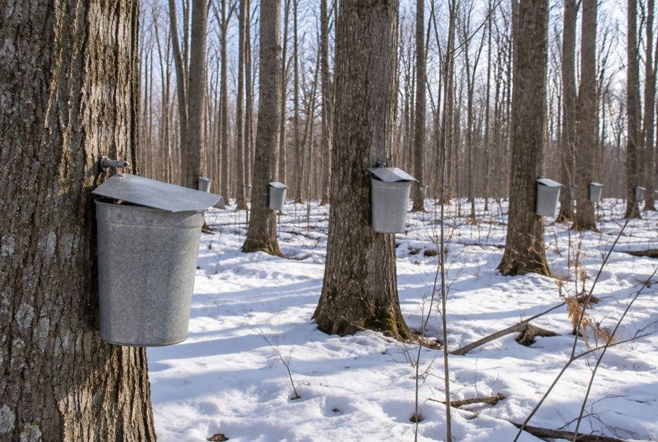 Metal sap buckets hanging on maple tree trunks in a snowy forest in late winter.