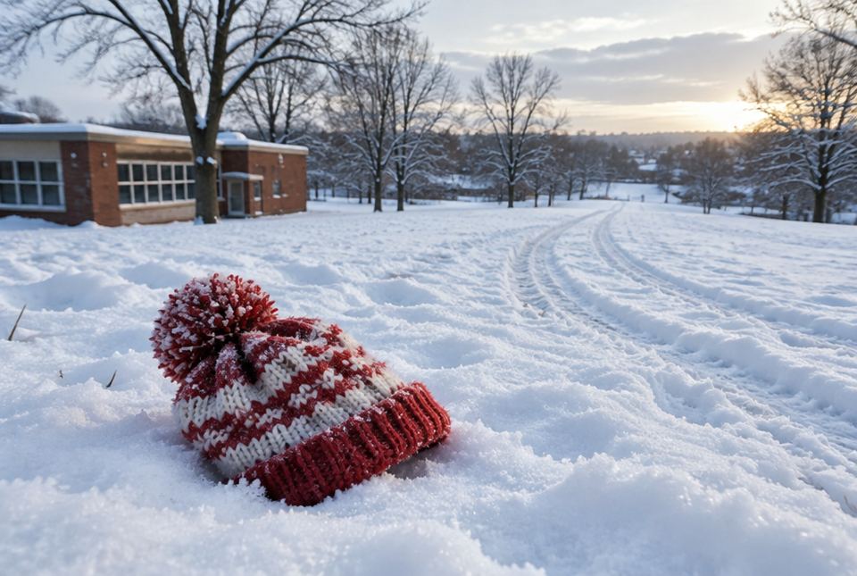 A red and white knitted toque with a pom-pom lying in the snow near a school on a winter morning.