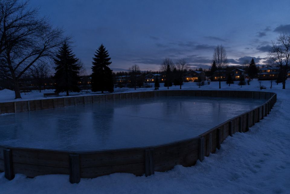 An outdoor skating rink with wooden boards in a snowy park at dusk, with no lights on the ice.