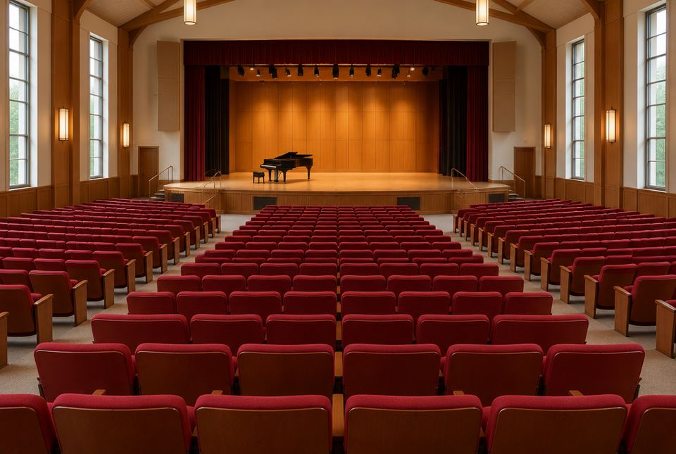 An empty concert hall with many rows of red seats facing a stage with a piano.