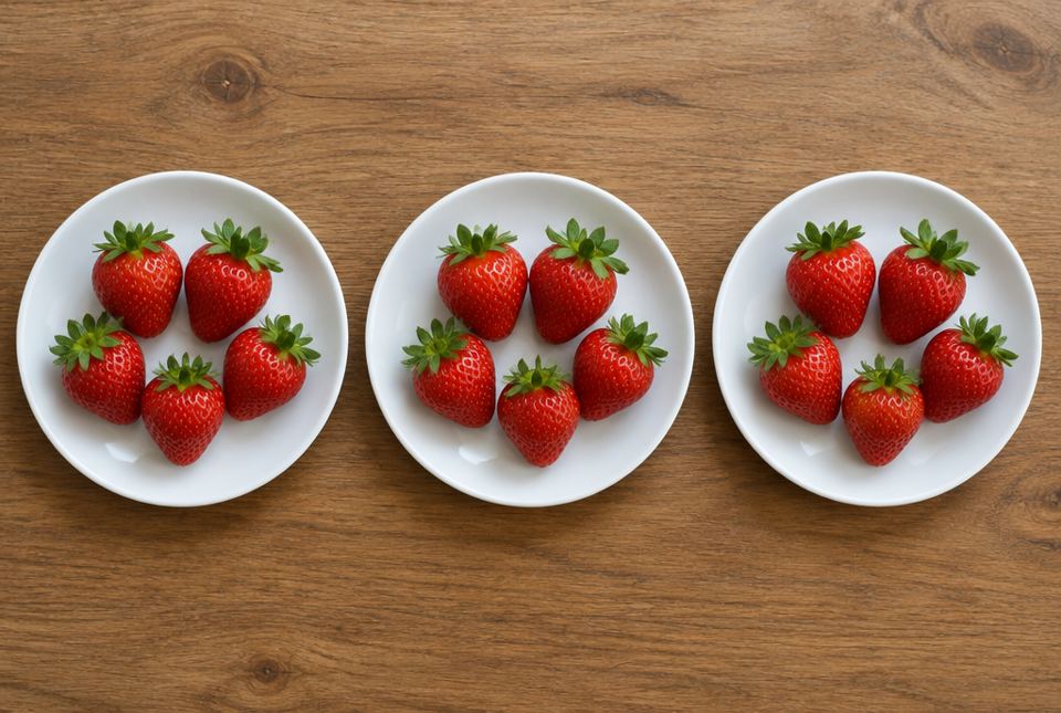 Three white plates on a wooden table, each holding 5 strawberries.