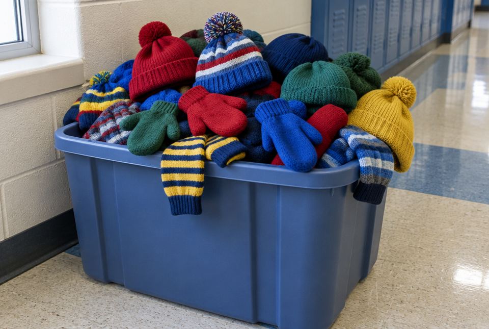 A blue lost-and-found bin at school overflowing with knitted hats and mittens in many colours.