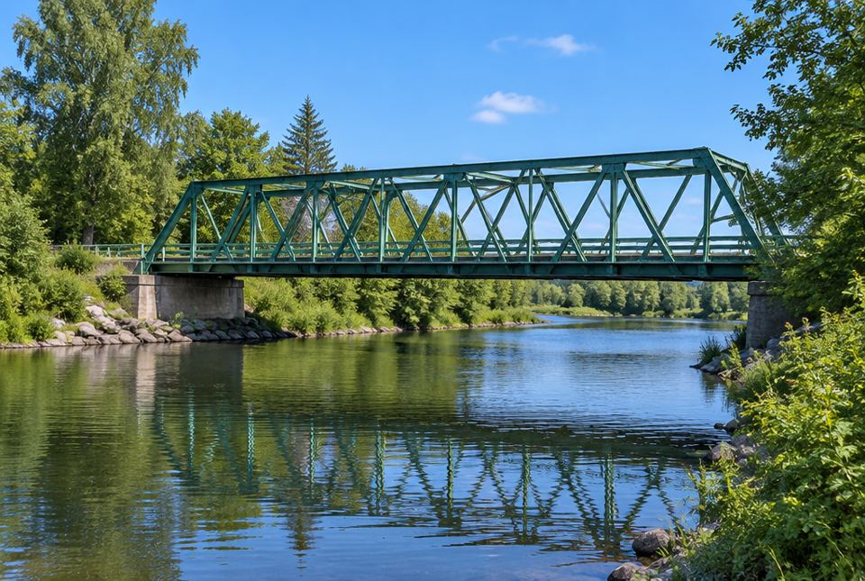 A green steel truss bridge crossing a calm river with trees on both banks.