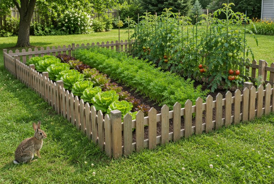 A rectangular vegetable garden with a low wooden picket fence around it and a rabbit sitting on the grass outside.