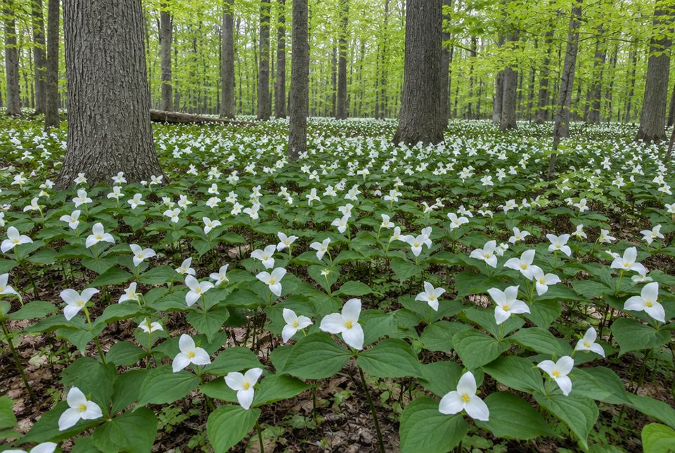 An Ontario forest floor in spring covered with thousands of white trillium flowers under tall trees.