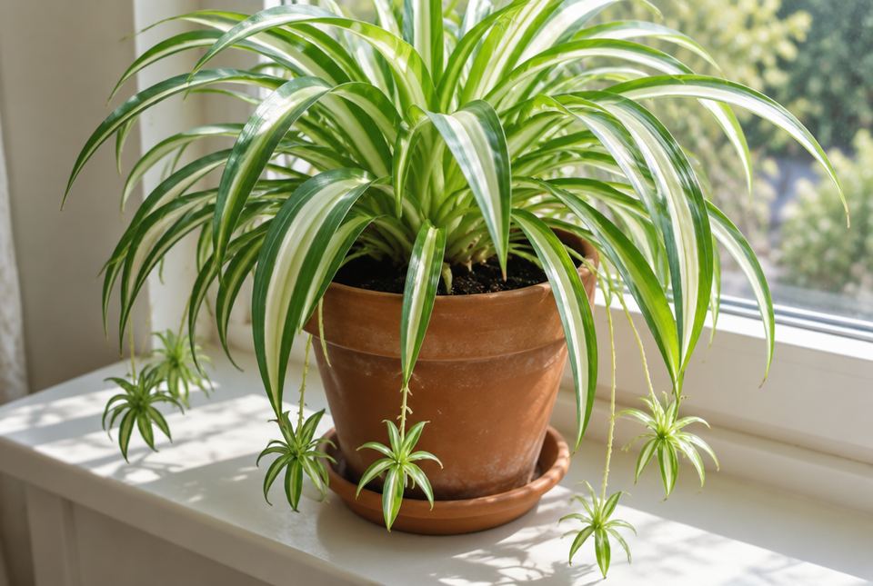 A healthy green-and-white spider plant in a clay pot on a sunny windowsill, with small baby plants hanging down.