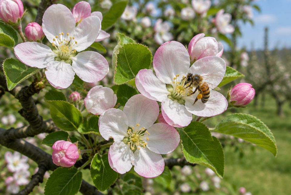Pink and white apple blossoms on a branch in an orchard, with a honeybee on one of the flowers.