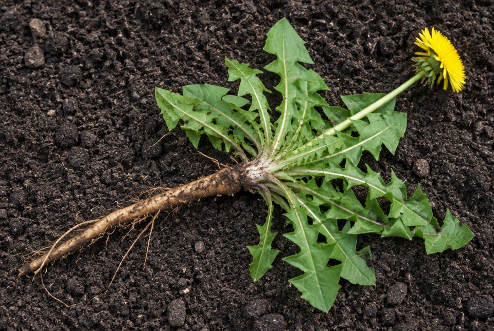 A whole dandelion pulled from the soil, showing its long thick root, jagged leaves and yellow flower on a stem.