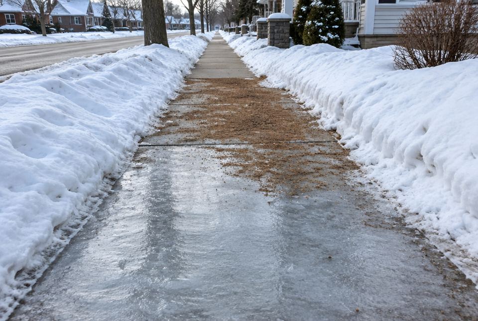 A snowy sidewalk where one part is smooth, shiny ice and the part beyond it is covered with brown sand.