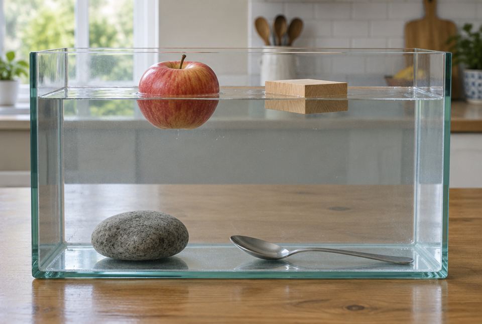 A glass tank of water where an apple and a wooden block float at the top while a rock and a metal spoon rest on the bottom.