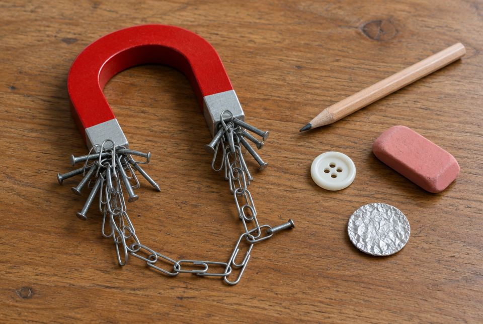 A red horseshoe magnet holding steel nails and paper clips at its ends, next to a pencil, a button, an eraser and a disc of aluminum foil.