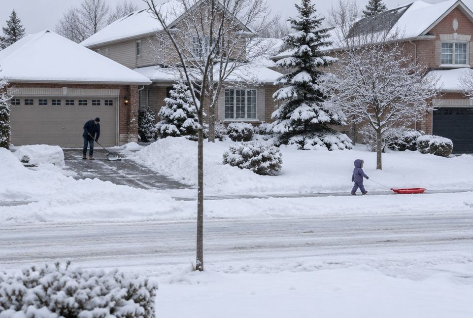 A snowy street of houses where a person shovels a driveway and a small child in a snowsuit pulls a red sled along the sidewalk.