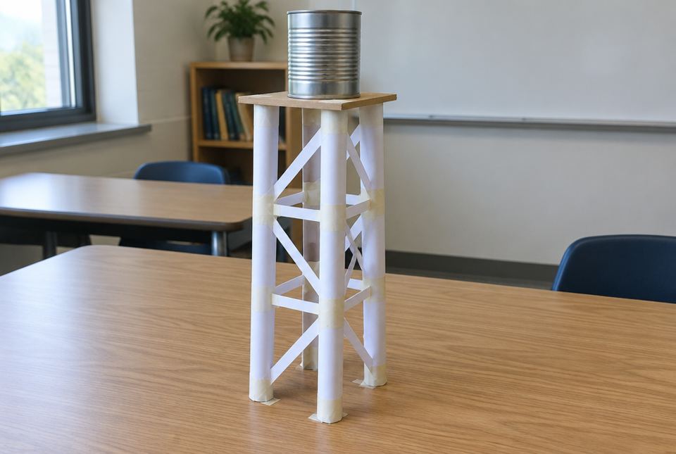 A model tower made of rolled paper tubes and tape, with diagonal paper braces, holds a soup can on top on a classroom table.