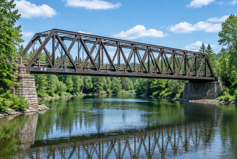 A steel truss bridge with many triangle shapes crosses a calm river between two stone supports.