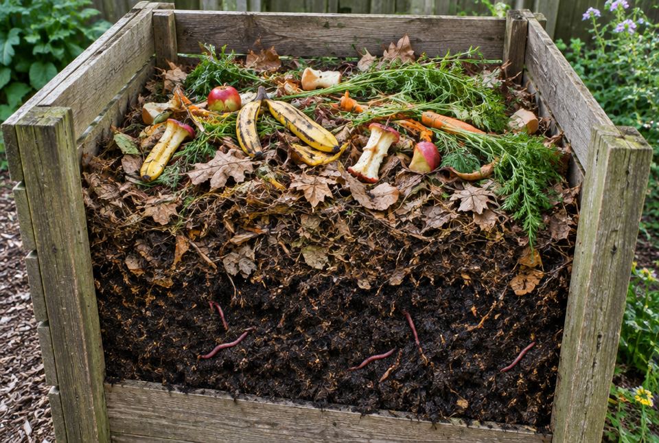 A wooden compost bin with banana peels, apple cores, carrot tops and leaves on top, dark compost below and earthworms inside.