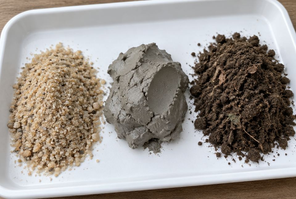 A white tray with three piles: light gritty sand, smooth grey clay and dark crumbly loam.