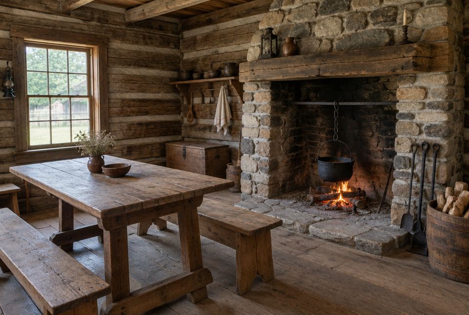Inside a log house, a cooking pot hangs over a fire in a big stone fireplace, near a wooden table, benches and a firewood barrel.
