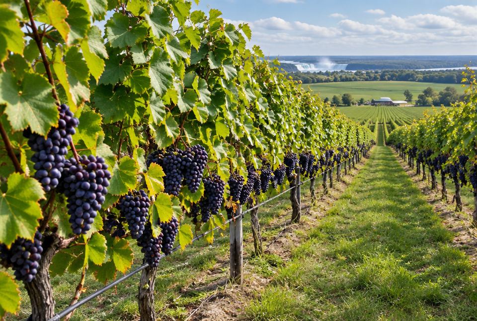 Rows of grapevines heavy with purple grapes stretch across a farm, with fields and a farmhouse in the distance.