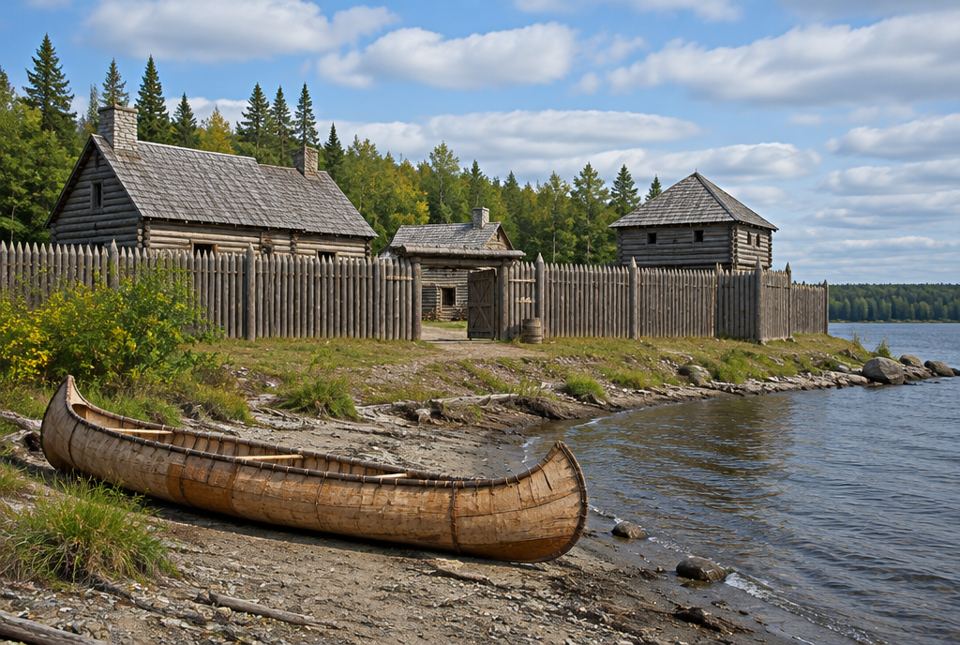 A birchbark canoe rests on a lakeshore in front of a rebuilt fur-trade post with log buildings and a tall wooden fence.