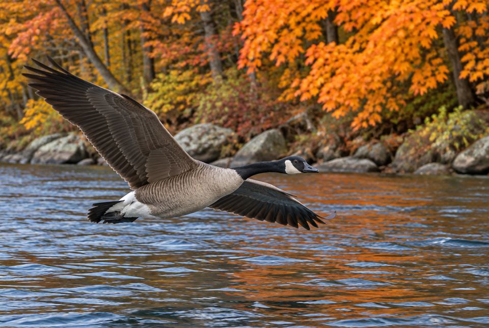 A Canada goose flying low over a river, wings spread wide, with orange autumn trees behind.