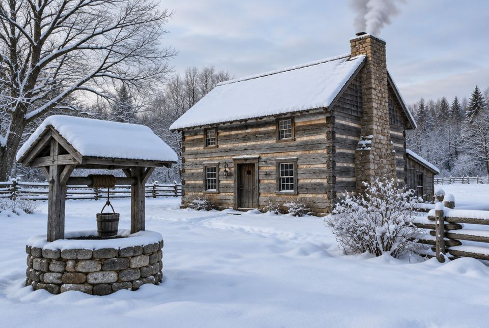 A snowy log house with smoke rising from its stone chimney and a stone well with a wooden bucket in front.
