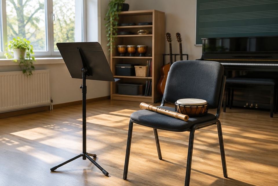 A sunny music room with a music stand, a chair holding a flute and a small drum, and a piano and guitars in the background.