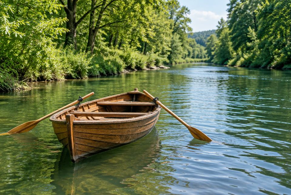 A wooden rowboat with two oars floating on a calm, tree-lined river in summer.