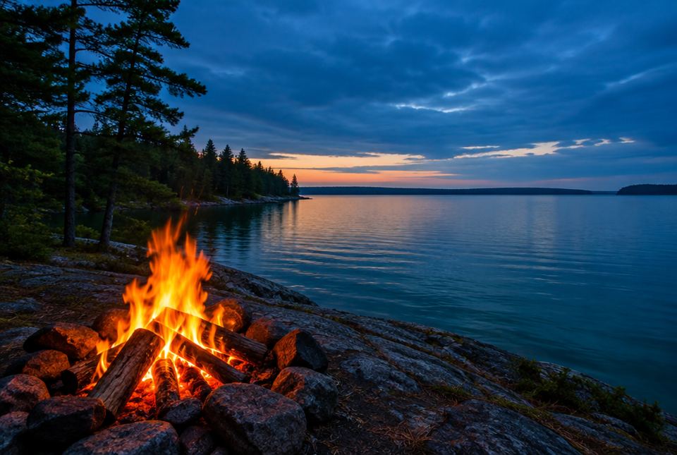A campfire burning on a rocky shore beside a calm blue lake at dusk.