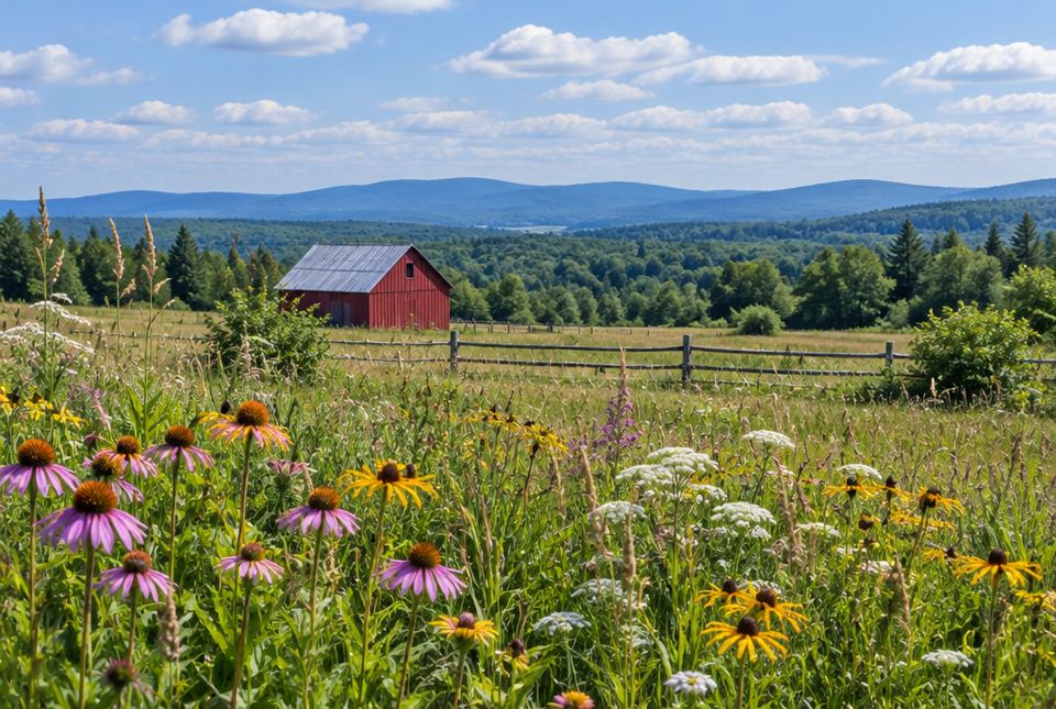 A summer field of wildflowers in front of a red barn, with forested hills far away.