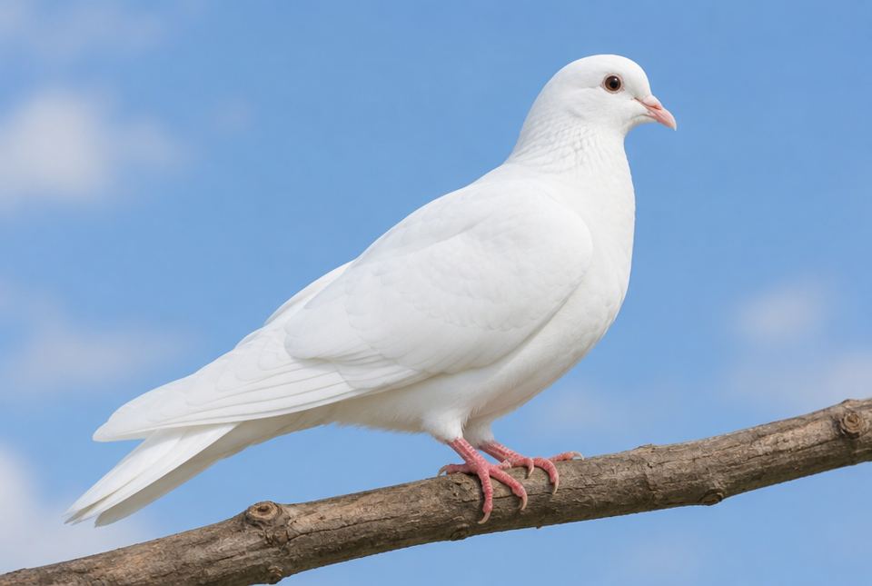A white dove perched on a branch against a blue sky.