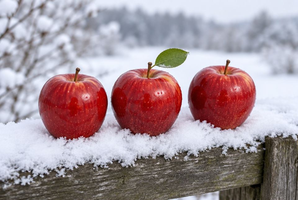 Three shiny red apples sitting on a snowy wooden fence.
