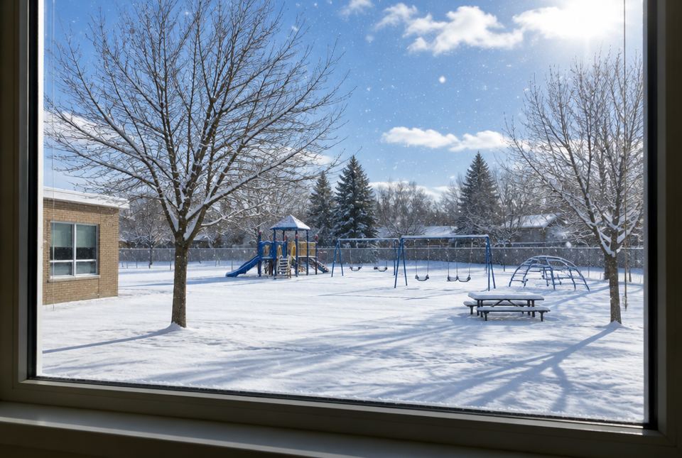 A schoolyard playground covered in snow under a blue sky, seen through a classroom window.