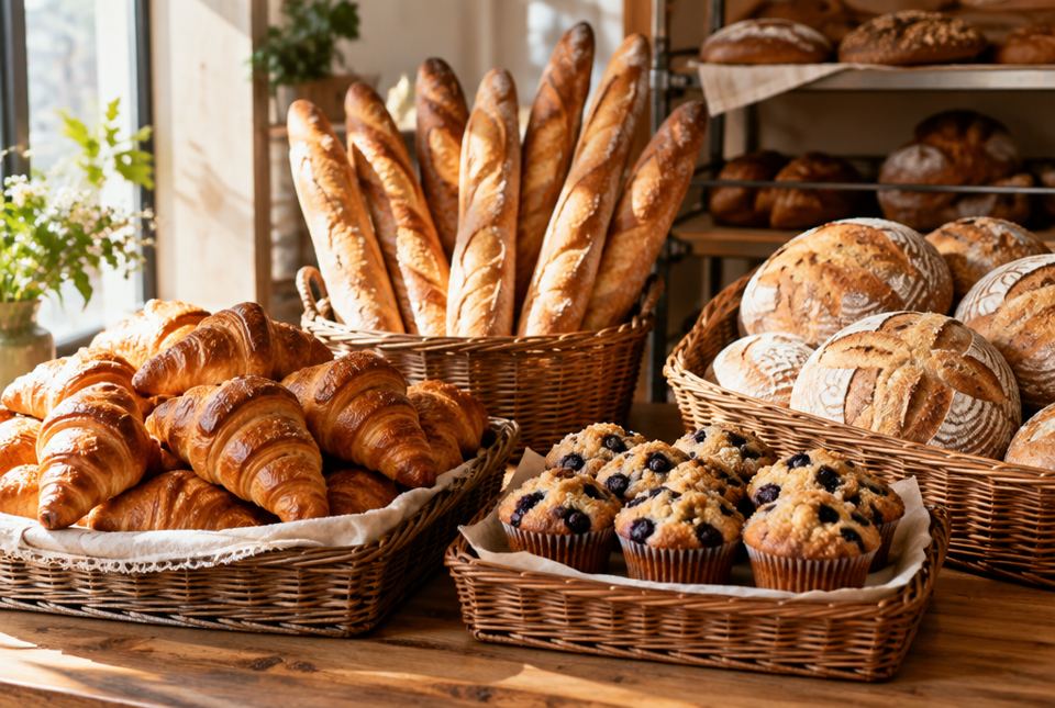 Baskets of croissants, baguettes, round loaves and blueberry muffins in a bakery.