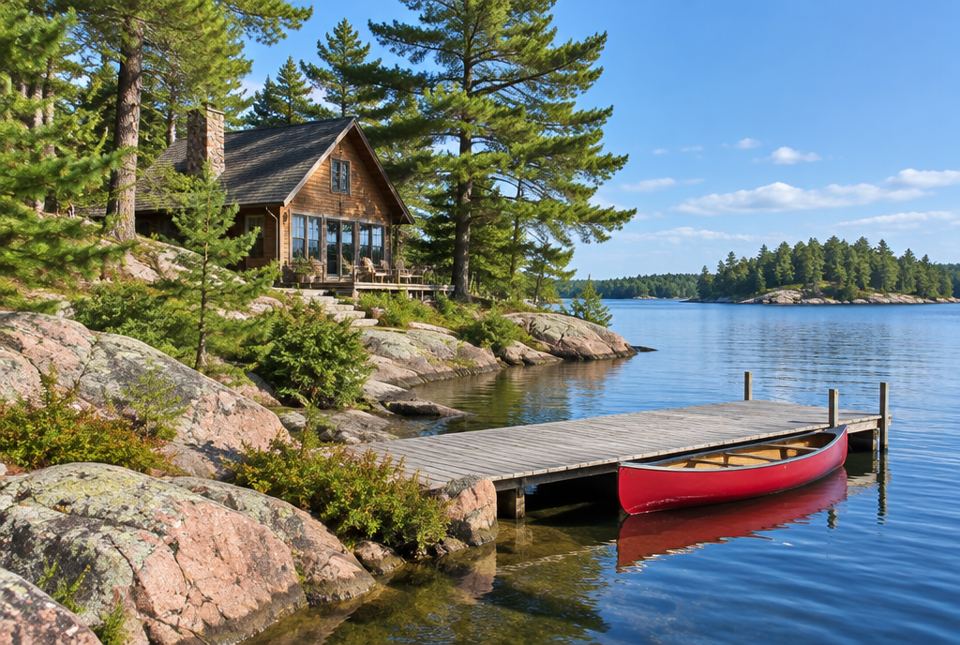 A wooden cottage among pine trees on a rocky shore, with a red canoe tied to a dock on a blue lake.