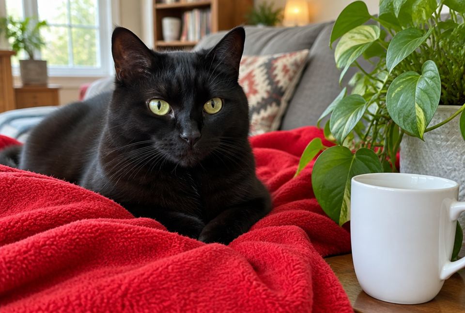 A black cat lying on a red blanket next to a white mug and a green plant.