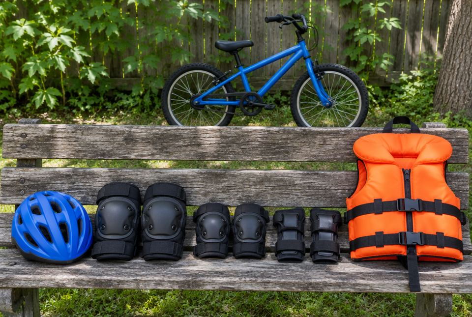 A bicycle helmet, knee pads, elbow pads, wrist guards and a life jacket on a park bench, with a bicycle behind.