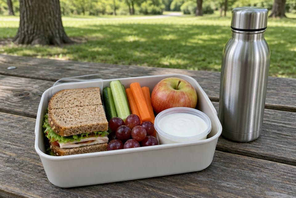 A packed lunch with a whole grain sandwich, cucumber and carrot sticks, grapes, an apple and yogurt next to a metal water bottle on a picnic table.