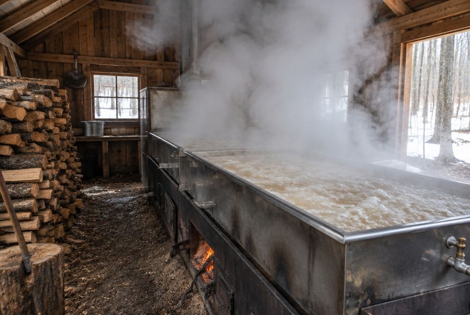 Steam rises from a long pan of boiling maple sap over a wood fire inside a sugar shack.