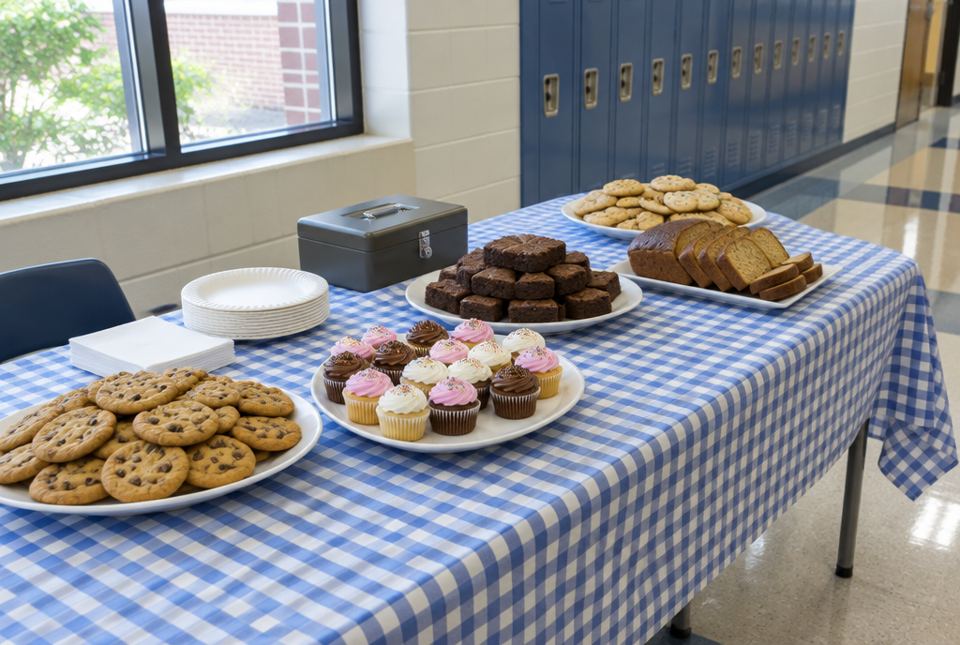 A bake sale table with cookies, cupcakes, brownies and banana bread in a school hallway.