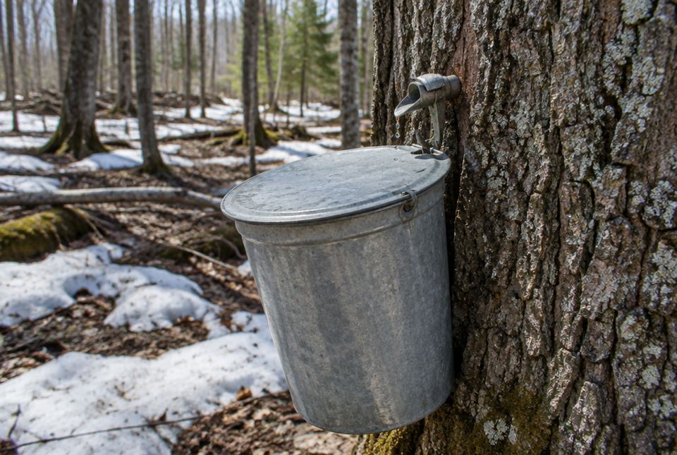 A metal sap bucket hanging from a spout on a maple tree in a spring forest with patches of snow.